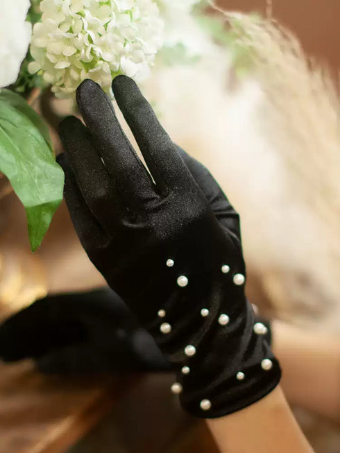 Gothic Black Pearl-Embellished Gloves – Short Gothic Gloves